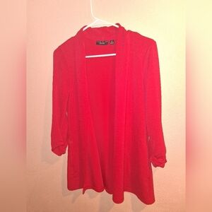 Susan Graver Passport Liquid Knit Red Open Blazer With Button Detail 3/4 Sleeve